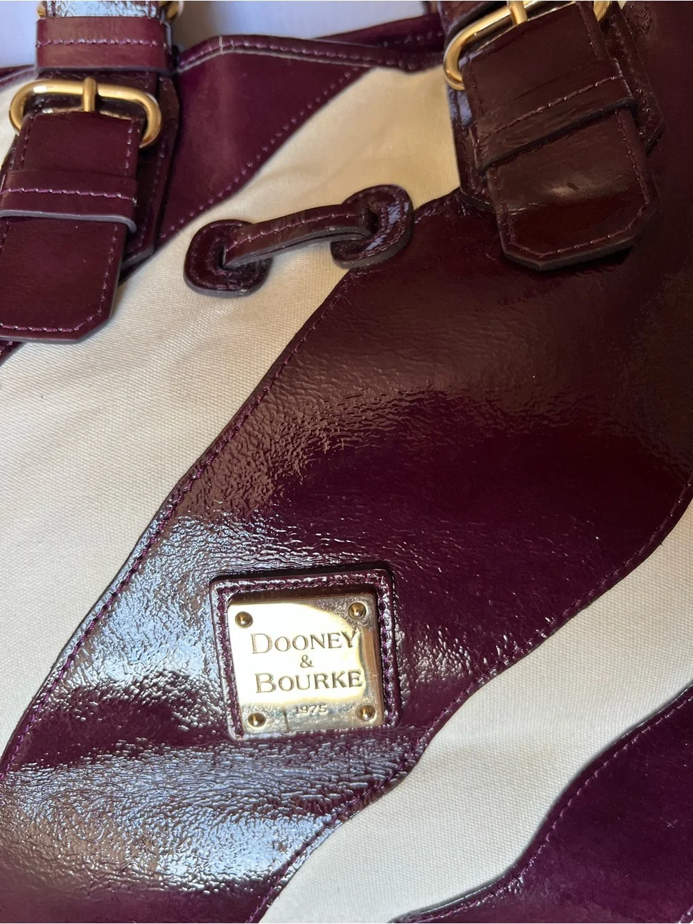 Dooney & Bourke Chiara Large Tote Bag Plum Patent Leather & Cream Stripe